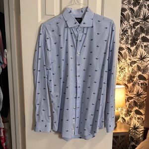 Blue Striped Men's Shirt with Palm Tree Print